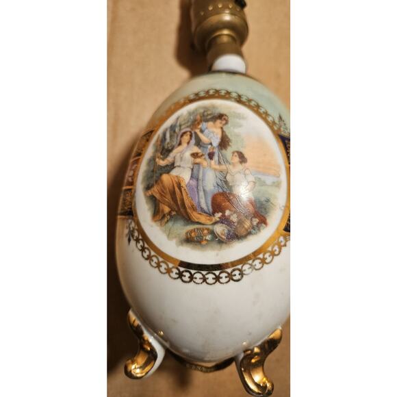 Vintage German Hand Painted Porcelain Lamps Victorian Garden Party Scene - Picture 3 of 4